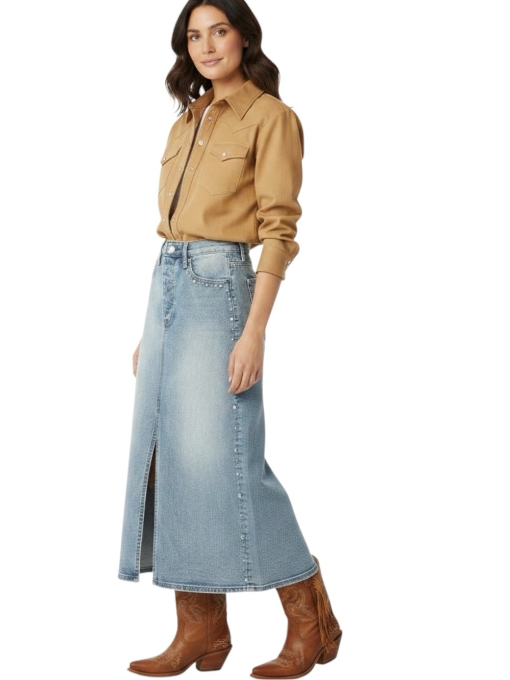 Driftwood Piper Turquoise Studded Denim Midi Skirt Western Size 26 S